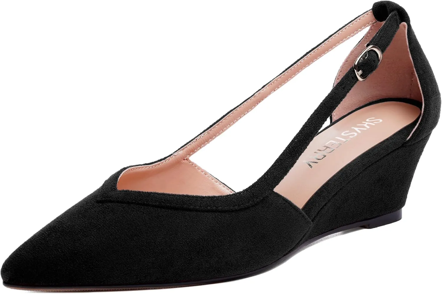 SKYSTERRY Womens Wedding Suede Slip On Pointed Toe Dress Wedge Low Heel Pumps Shoes 2 Inch