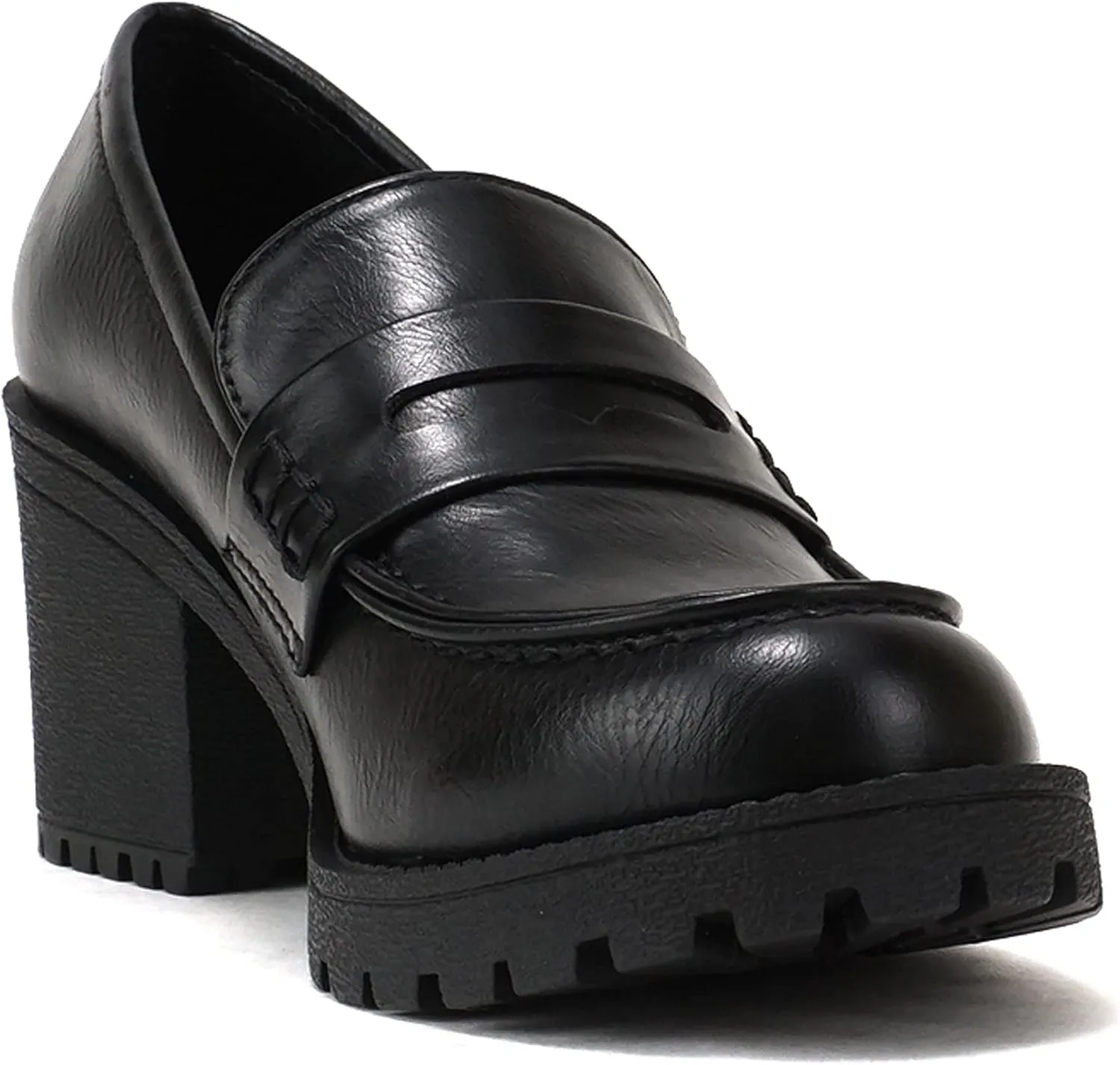 Soda “Kinder” ~ Women Slip On Chunky Mid Heel Lug Sole Penny Loafer Shoe