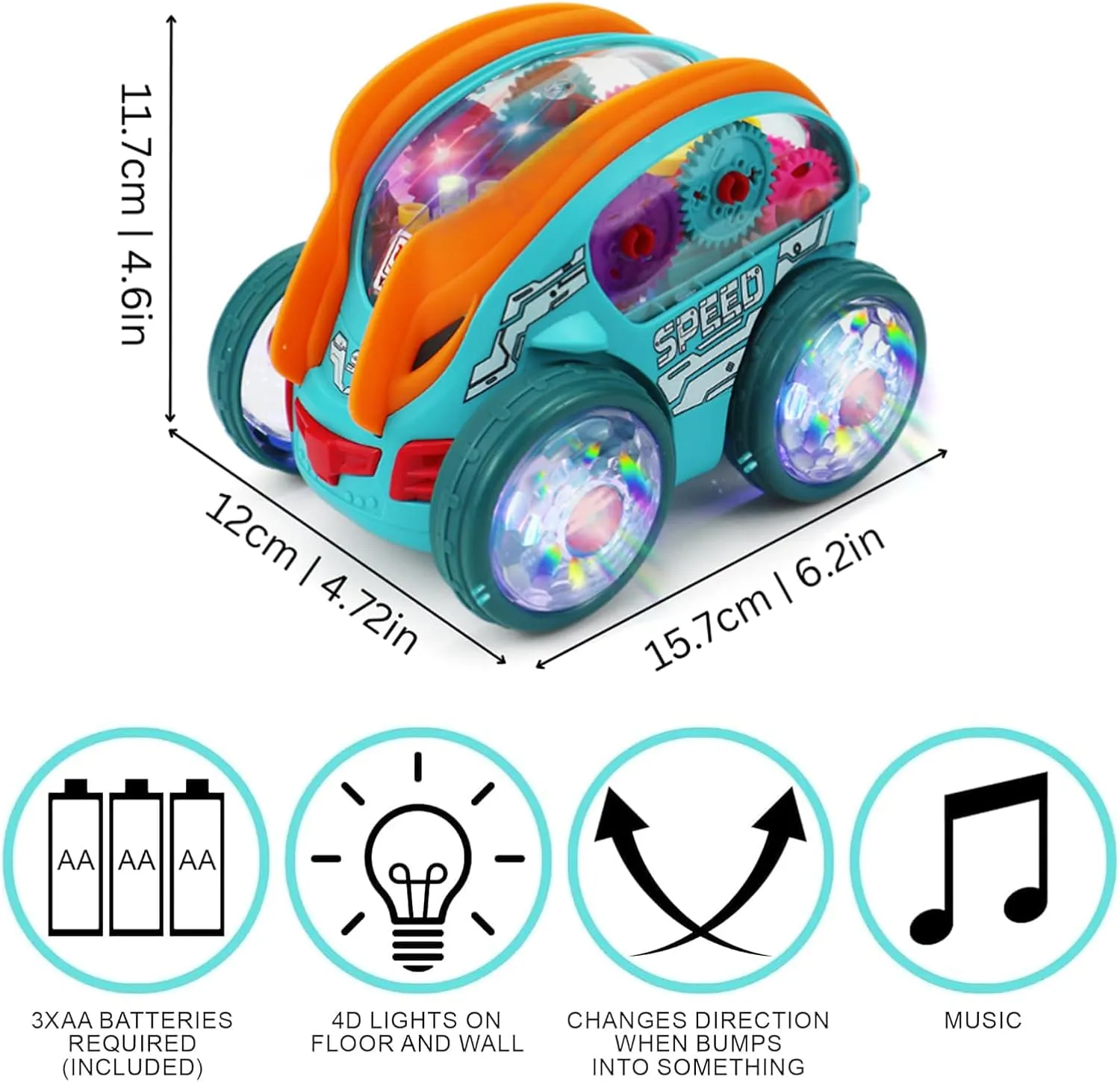 Speedlite Dynamic Gear-Powered Car with Led Lights, Children's Transparent Luminous Toy Car, Bump and Go Toy Cars with Colorful Moving Gears,Suitable for Children Aged 1-3 Years (1)