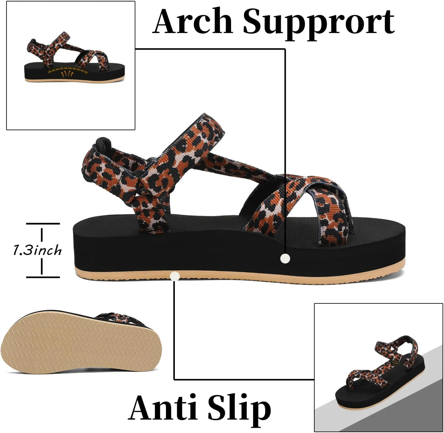 Sport Walking Water Sandals for Women with Arch Support & Adjustable Straps Platform Sandals Women Height Increase