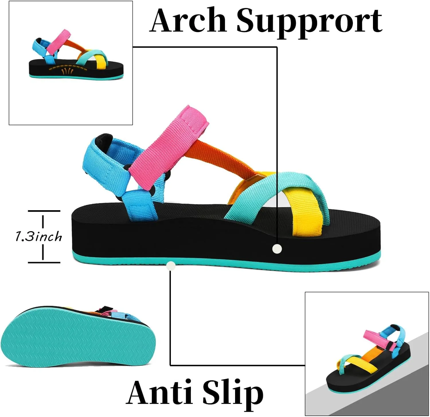 Sport Walking Water Sandals for Women with Arch Support & Adjustable Straps Platform Sandals Women Height Increase