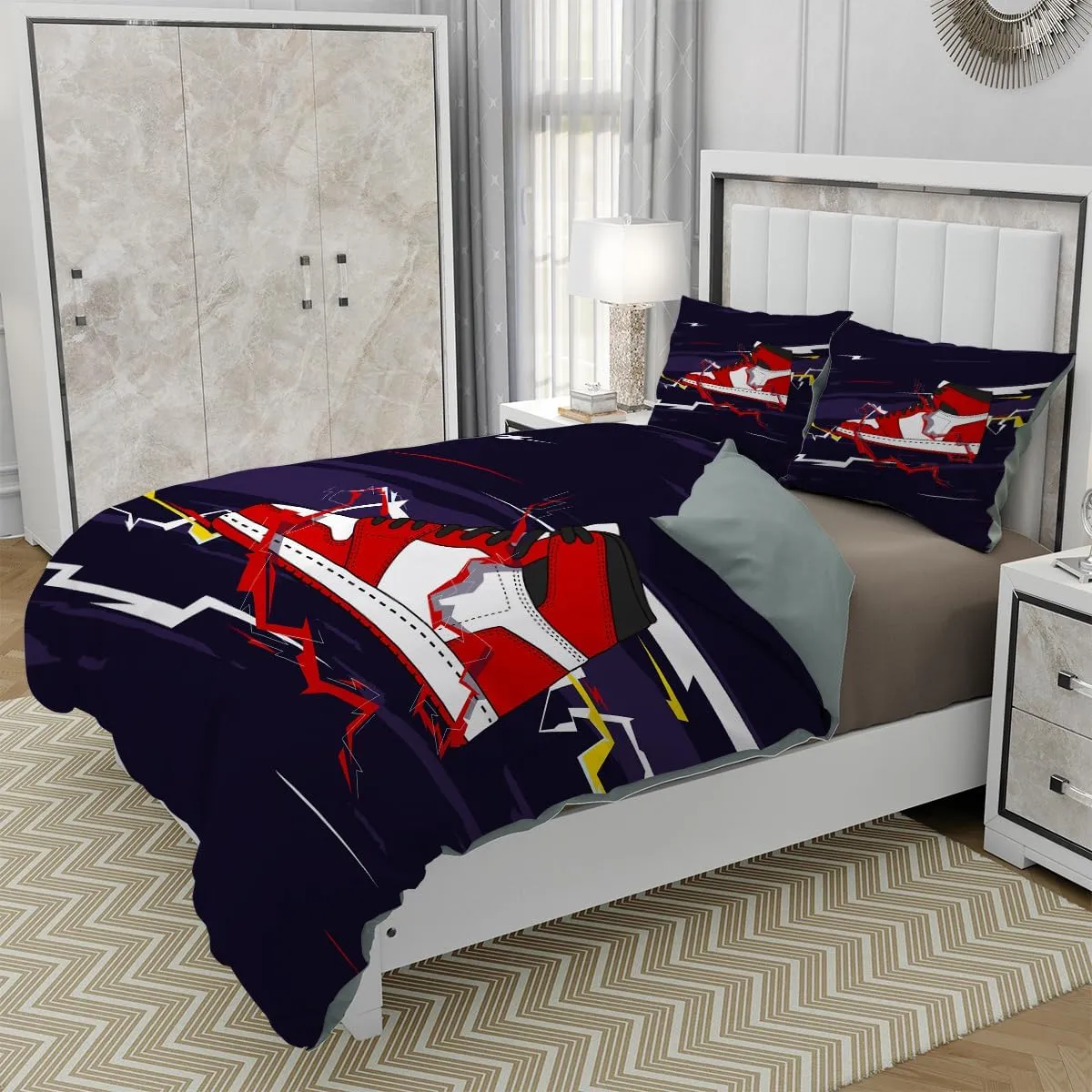 Sports Duvet Cover Set Twin Size, Sneaker Shoes Lightning Cool Graffiti Bedding Set 3 Pieces Soft Microfiber Quilt Cover for Kids Boys Teens Room Decor, Comforter Cover with 2 Pillowcase