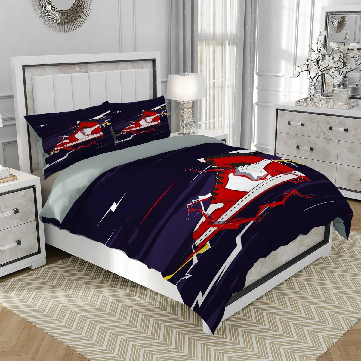 Sports Duvet Cover Set Twin Size, Sneaker Shoes Lightning Cool Graffiti Bedding Set 3 Pieces Soft Microfiber Quilt Cover for Kids Boys Teens Room Decor, Comforter Cover with 2 Pillowcase