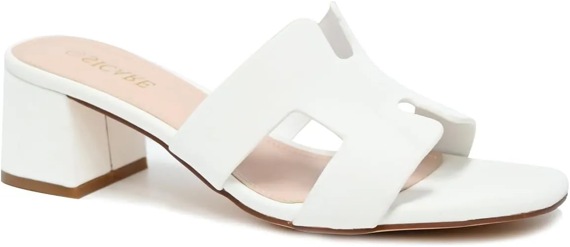 Square Open Toe Strappy Heels Sandals Low Block Chunky Heeled Sandals Slip On Slide Mules Sandals Comfortable Casual Black White Tan Dress Sandals for Women