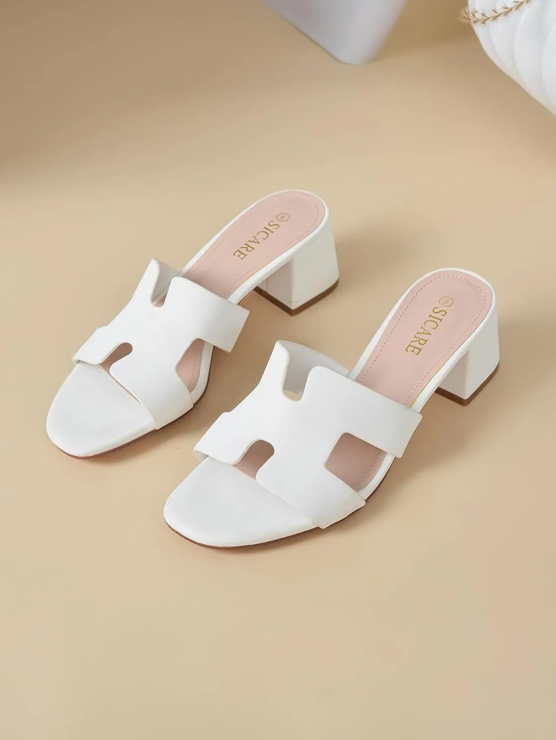 Square Open Toe Strappy Heels Sandals Low Block Chunky Heeled Sandals Slip On Slide Mules Sandals Comfortable Casual Black White Tan Dress Sandals for Women