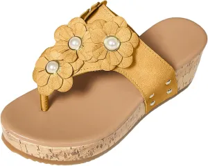 SuanlaTDS Summer Sandals For Women Wedge Flip Flops 2025 Platform Slingback Pearls Flower Thong Open Toe Slip-on Dressy Daily Wear High Heels Comfortable Slides Sandal for Party Prom Formal