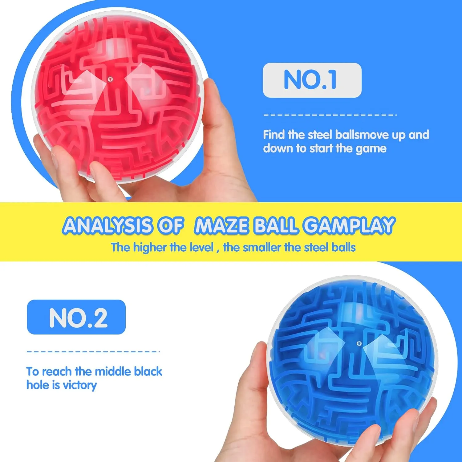 Sumind 2 Pieces Maze Ball 3D Maze Puzzle Brain Teasers Games Gravity 4 Inches Puzzle Toy Ball Sphere Educational Toys for Students Teens Adults(Red, Blue)