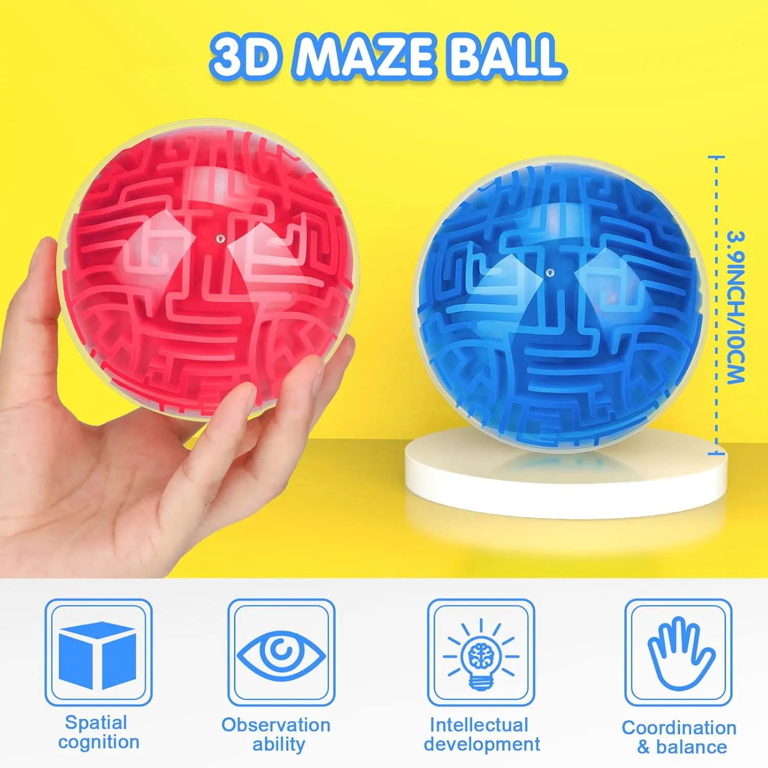 Sumind 2 Pieces Maze Ball 3D Maze Puzzle Brain Teasers Games Gravity 4 Inches Puzzle Toy Ball Sphere Educational Toys for Students Teens Adults(Red, Blue)