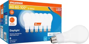 Sylvania Reduced Eye Strain A21 LED Light Bulb, 3-Way 40W / 60W / 100W, 13 Year, Dimmable, Frosted, 5000K, Daylight - 6 Pack (41234)