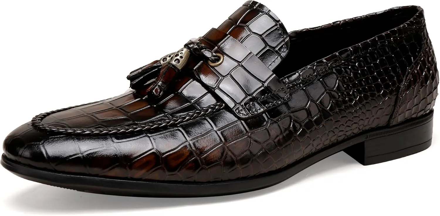 Tassel Loafer for Mens, Casual Crocodile Printed Tassel Dress Shoes Leather Slip-on Penny Loafer for Men
