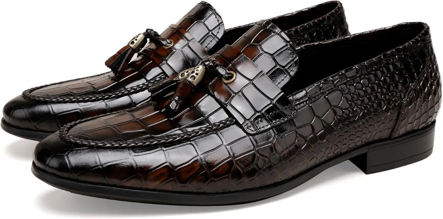 Tassel Loafer for Mens, Casual Crocodile Printed Tassel Dress Shoes Leather Slip-on Penny Loafer for Men
