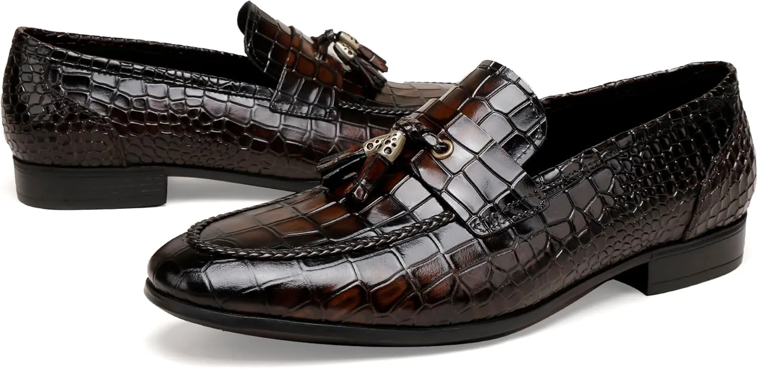 Tassel Loafer for Mens, Casual Crocodile Printed Tassel Dress Shoes Leather Slip-on Penny Loafer for Men