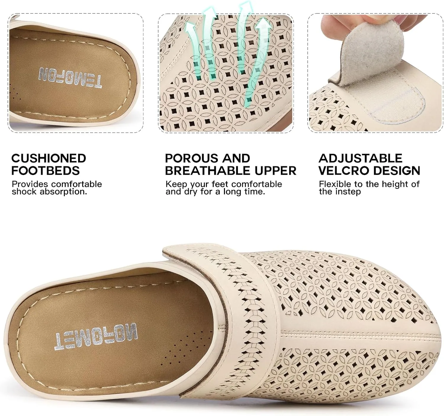 TEMOFON Clogs for Women Mules Shoes: Comfortable Arch Support Closed Toe Sandals Backless Low Wedge Slip on Shoes