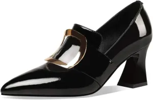 TinaCus Glossy Patent Leather Women's Handmade Pointed Toe Spool Heel Golden Square Pattern Decor Slip On Loafer Pumps