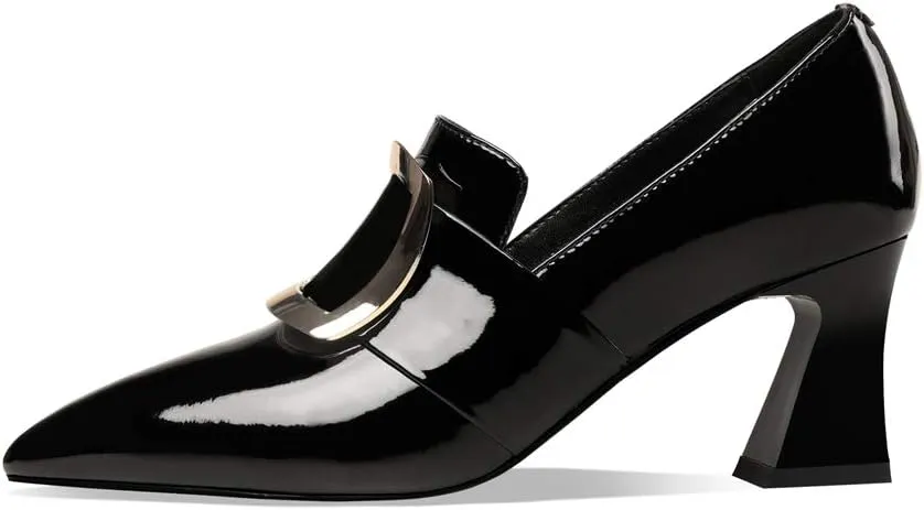 TinaCus Glossy Patent Leather Women's Handmade Pointed Toe Spool Heel Golden Square Pattern Decor Slip On Loafer Pumps