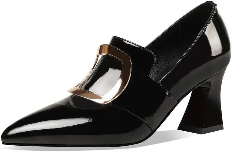 TinaCus Glossy Patent Leather Women's Handmade Pointed Toe Spool Heel Golden Square Pattern Decor Slip On Loafer Pumps
