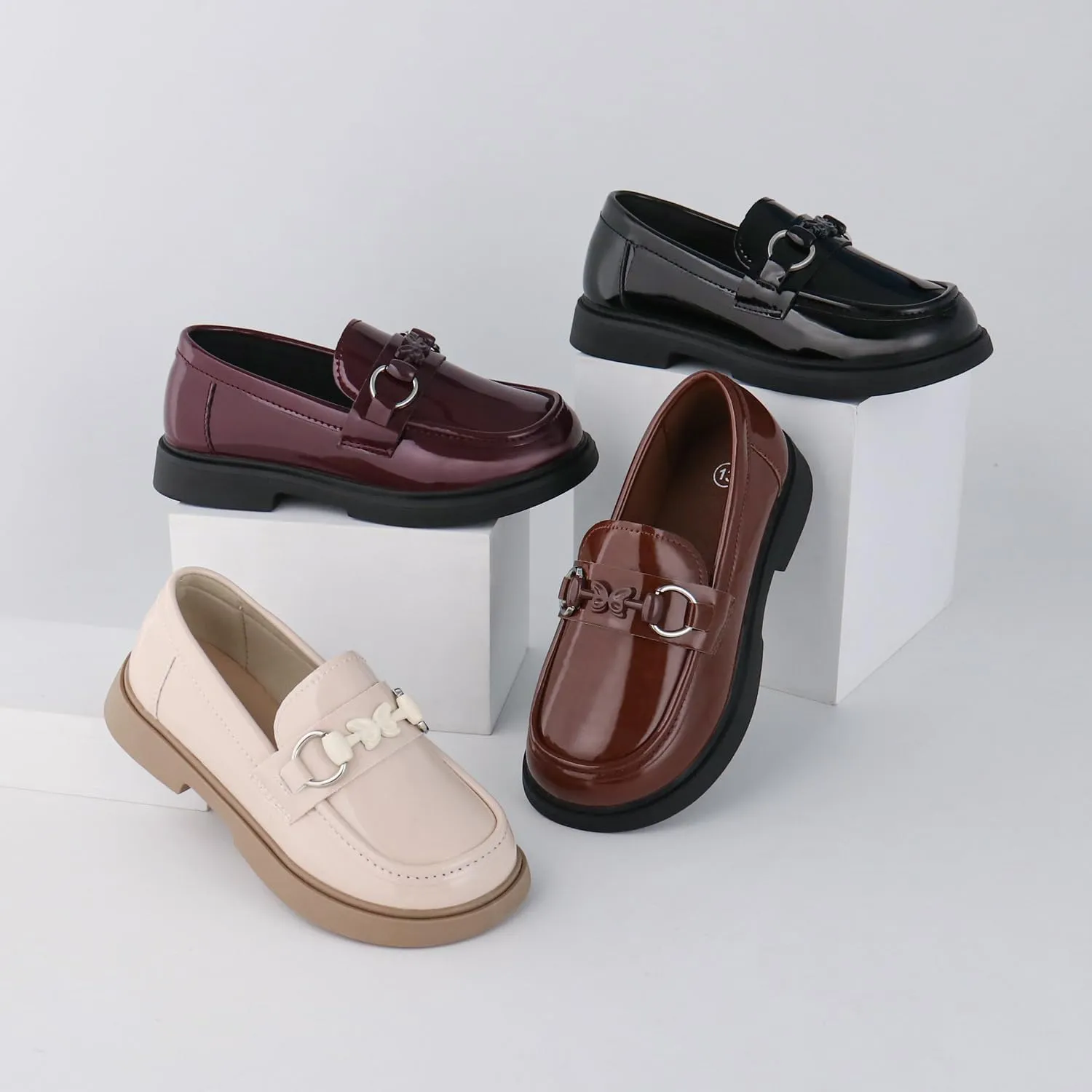 Tobfis Girls Slip-On Round Toe Oxford Butterfly Metal Chain Patent Leather Penny Loafers Flats Church School Uniform Kids Moccasins Dress Shoes (Toddler/Little Kid/Big Kid)