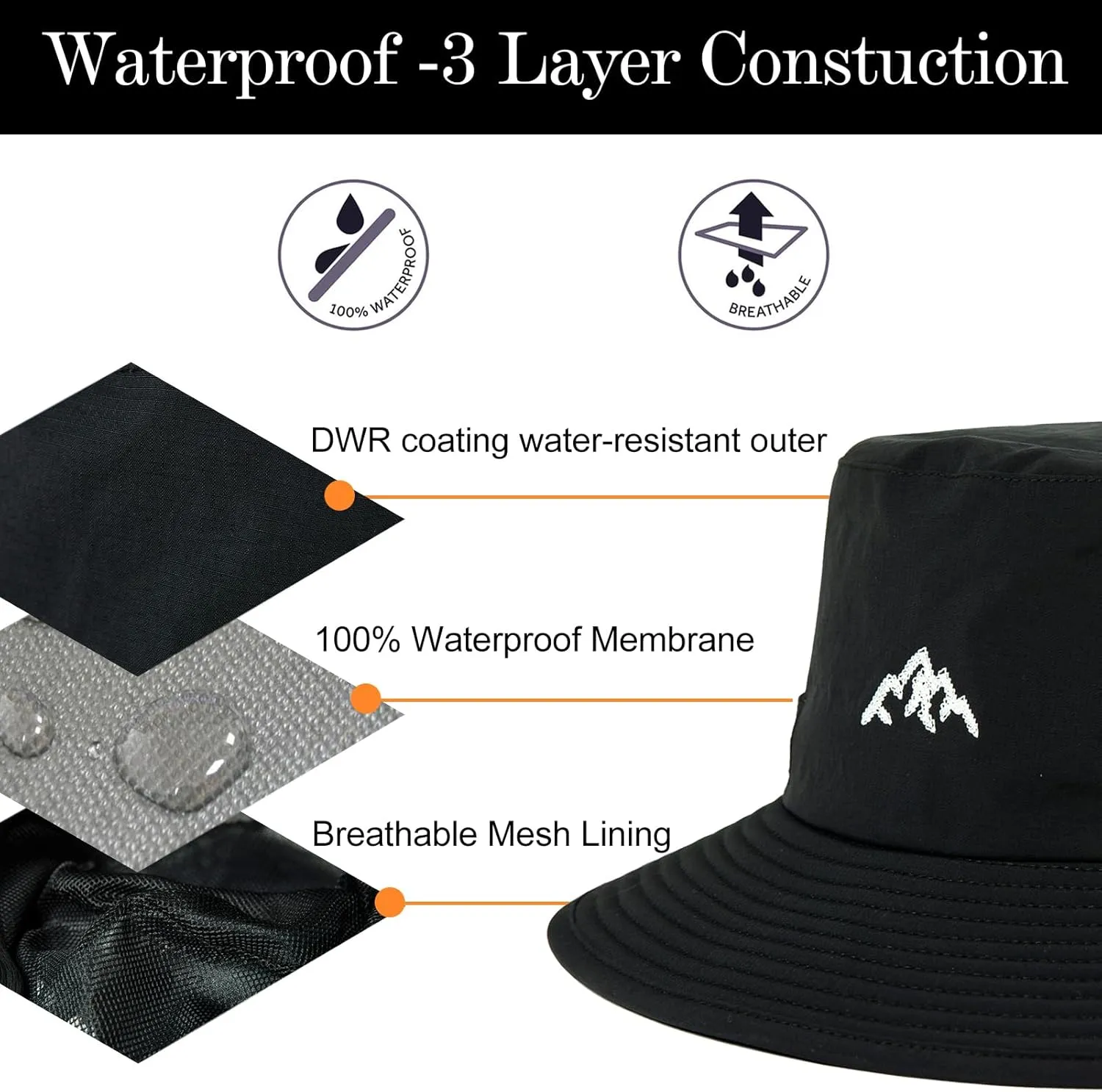 TOP-EX L/XL/XXL UV50  Waterproof Bucket Sun Hat for Fishing Golf Hiking All-Weather Outdoor Rain Hat Stiff Brim