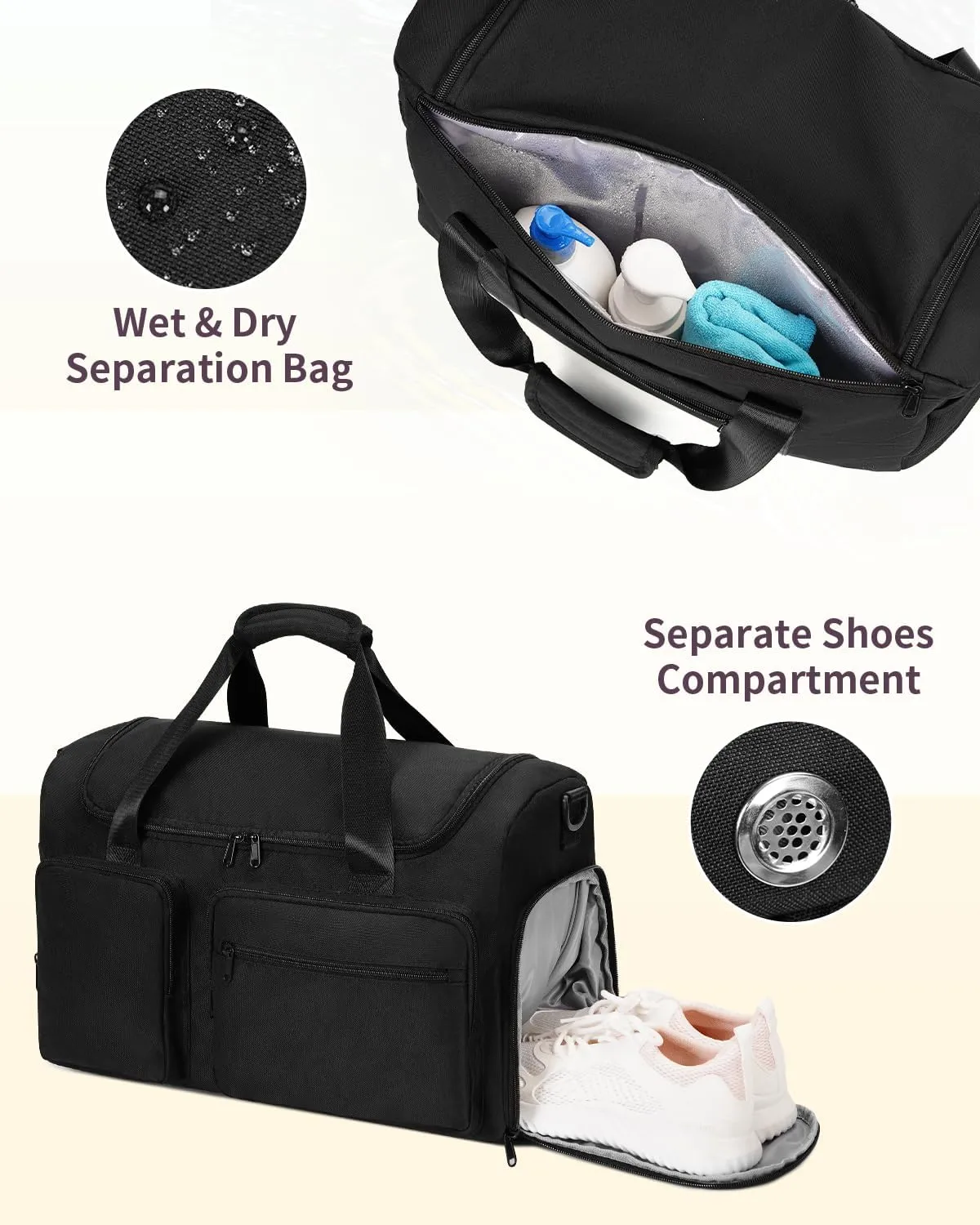 Travel Duffel Bag 27L Gym Bag with Shoe Compartment Carry on Overnight Backpack with Toiletry Bag & Wet Pocket Patent Pending