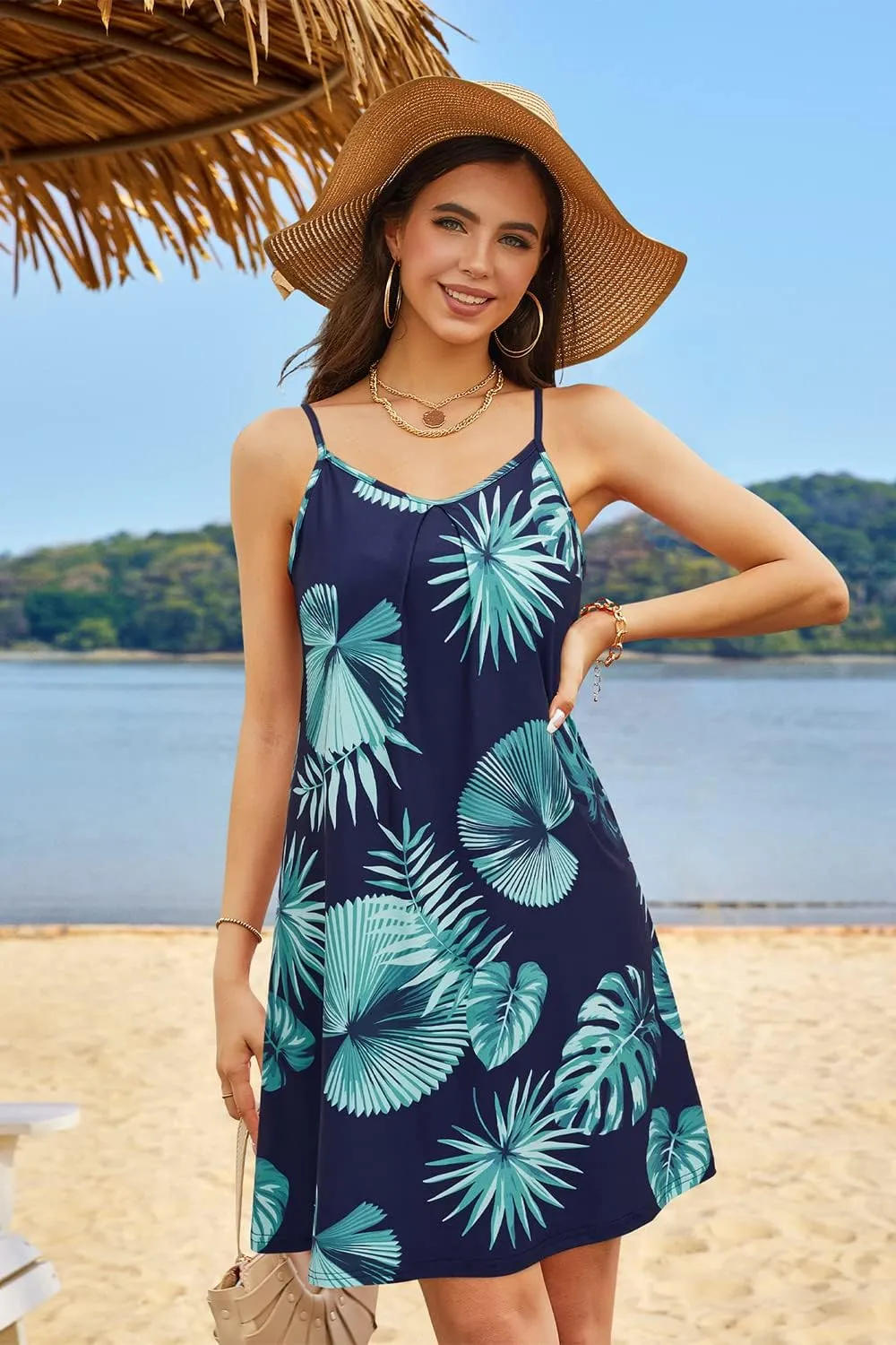 ULTRANICE Women's 2024 Summer Casual Beach Dresses Cover Ups Floral V Neck Spaghetti Strap Backless Mini Sun Dress
