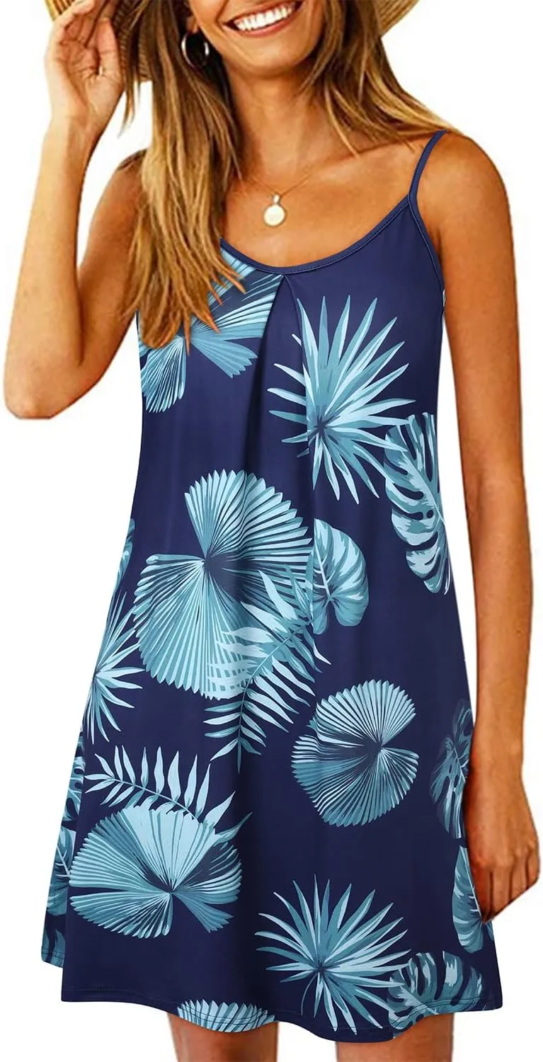 ULTRANICE Women's 2024 Summer Casual Beach Dresses Cover Ups Floral V Neck Spaghetti Strap Backless Mini Sun Dress