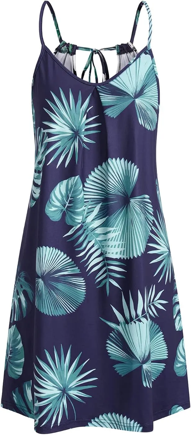 ULTRANICE Women's 2024 Summer Casual Beach Dresses Cover Ups Floral V Neck Spaghetti Strap Backless Mini Sun Dress