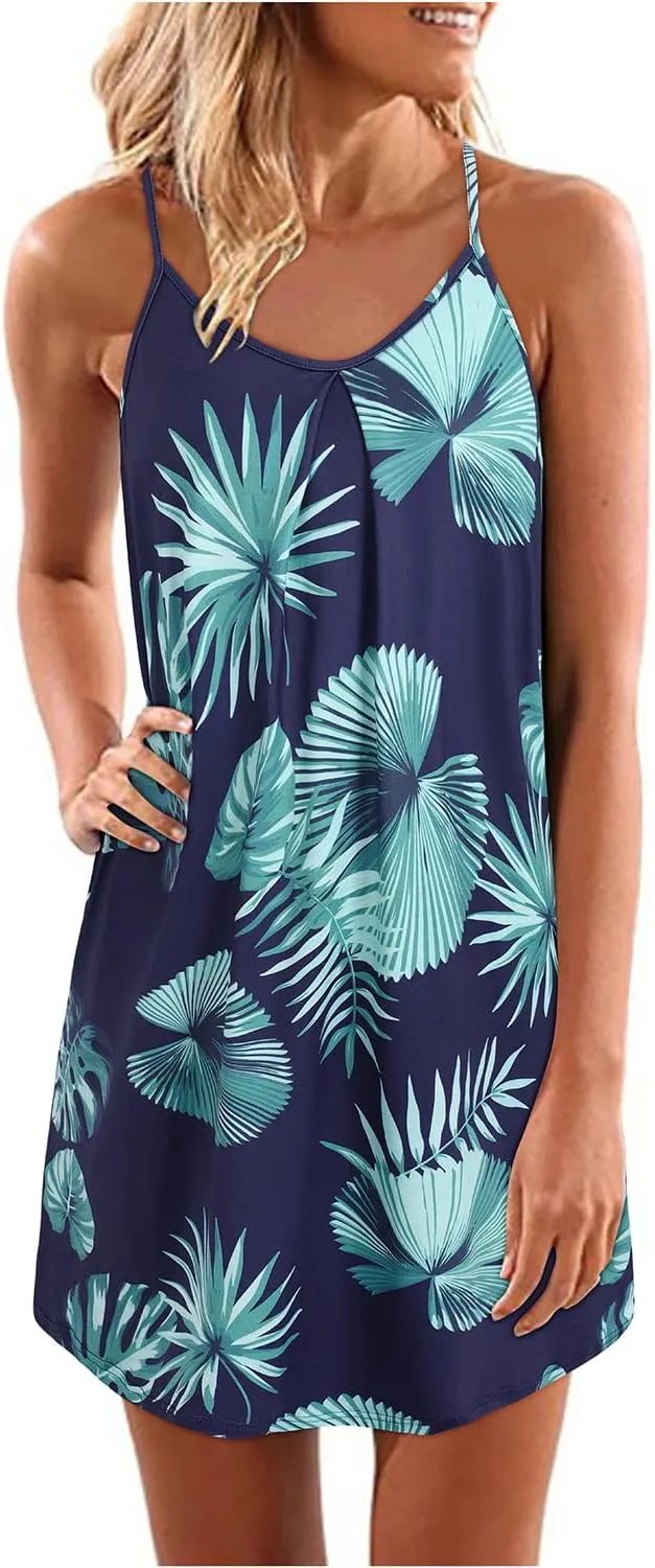 ULTRANICE Women's 2024 Summer Casual Beach Dresses Cover Ups Floral V Neck Spaghetti Strap Backless Mini Sun Dress