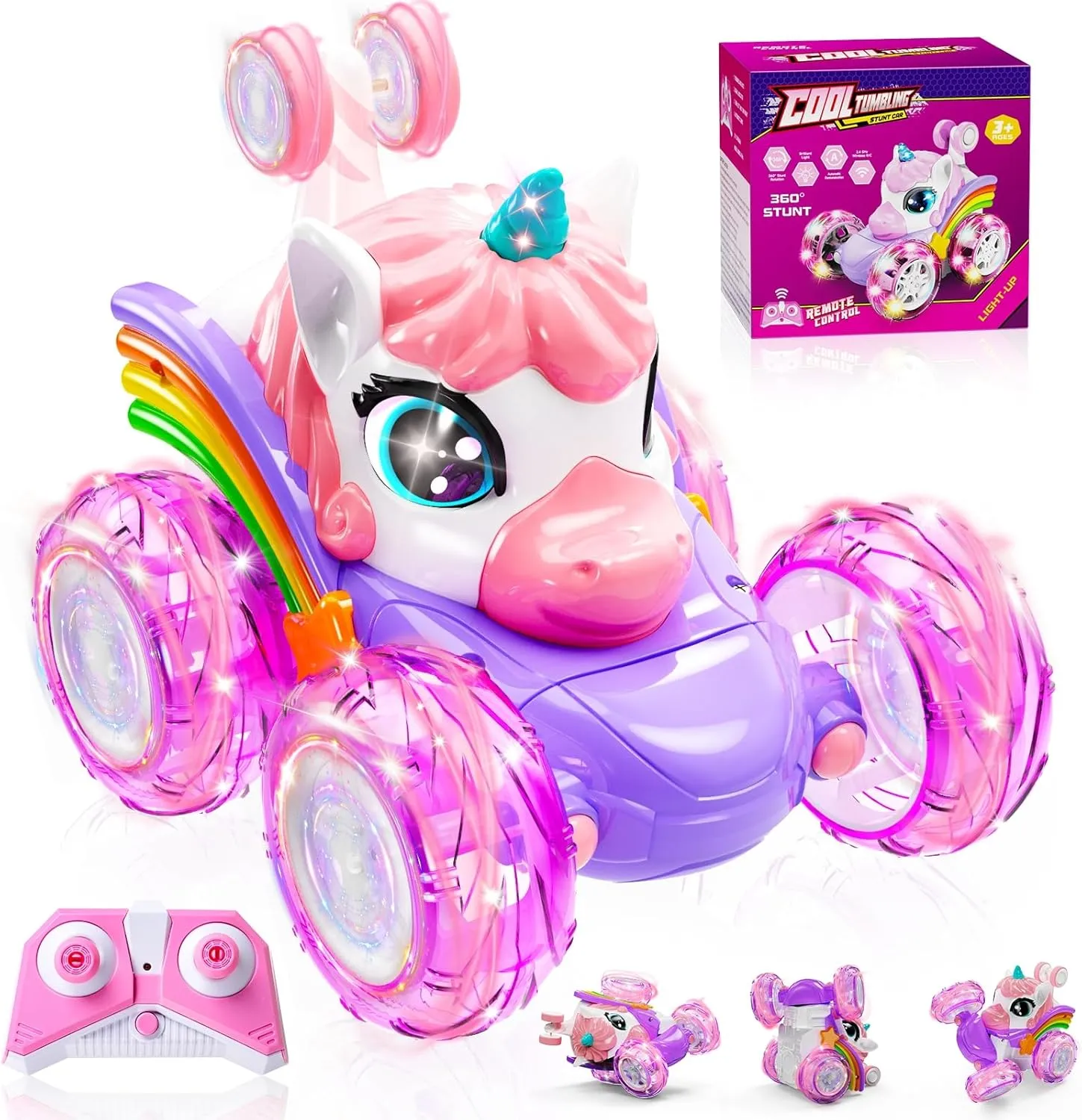 Unicorn Remote Control Car for Girls, 360° Rotating 4WD Stunt RC Cars with Cute Lights, Rechargeable Car Toys Birthday Gifts for Kids Girl Age 3 4-6 6-8
