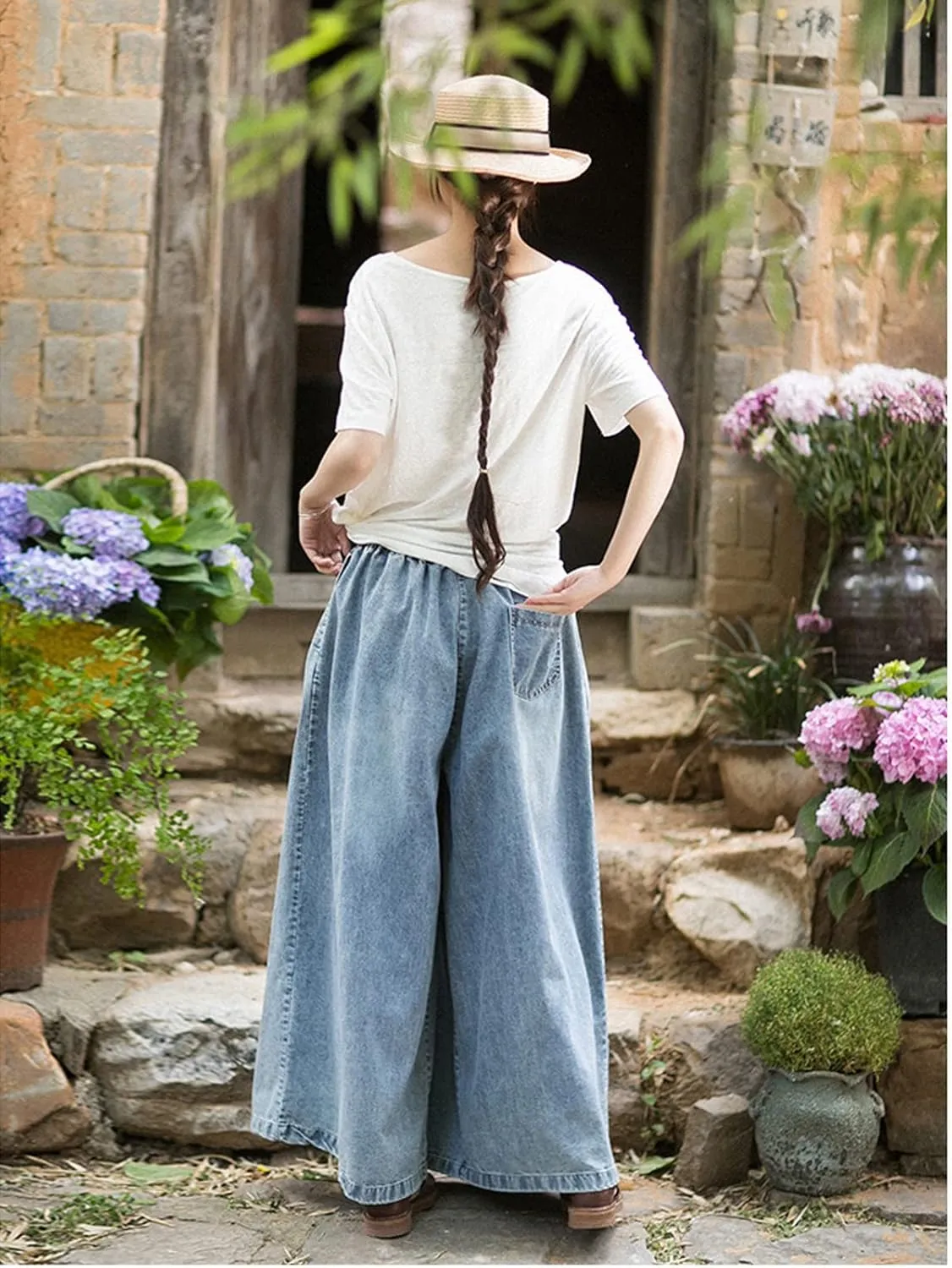 UQJE Women's Wide Leg Baggy Jeans Plus Size Loose Elastic Waist Denim Pants with Deep Pockets Light Blue
