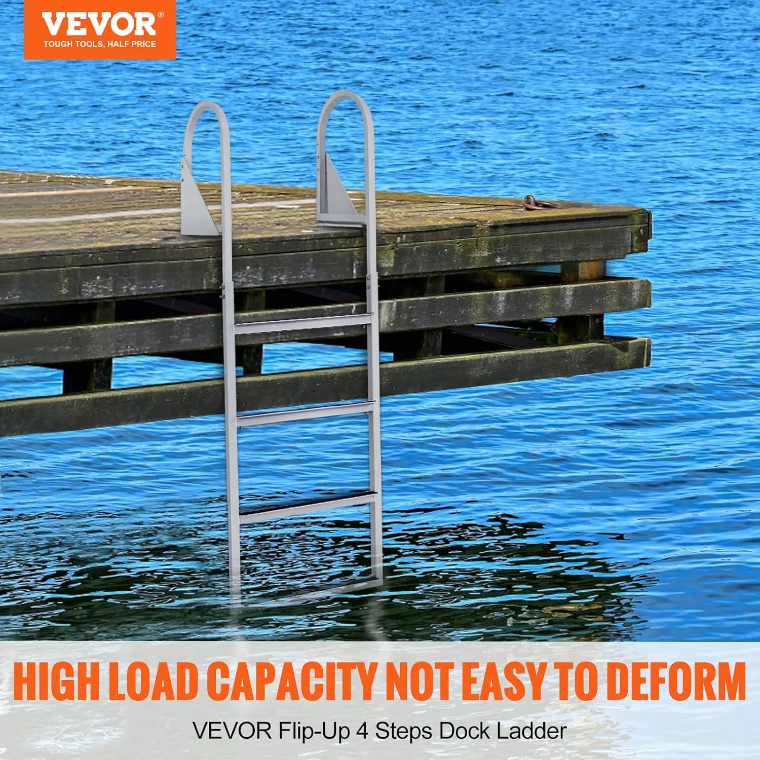 VEVOR Dock Ladders Flip Up, Dock Ladder with Rubber Mat, Swim Ladder Aluminum 4 Step, Each Step 21.5" x 1.2", 350Lbs Load, for Lake, Marine Boarding, Pool