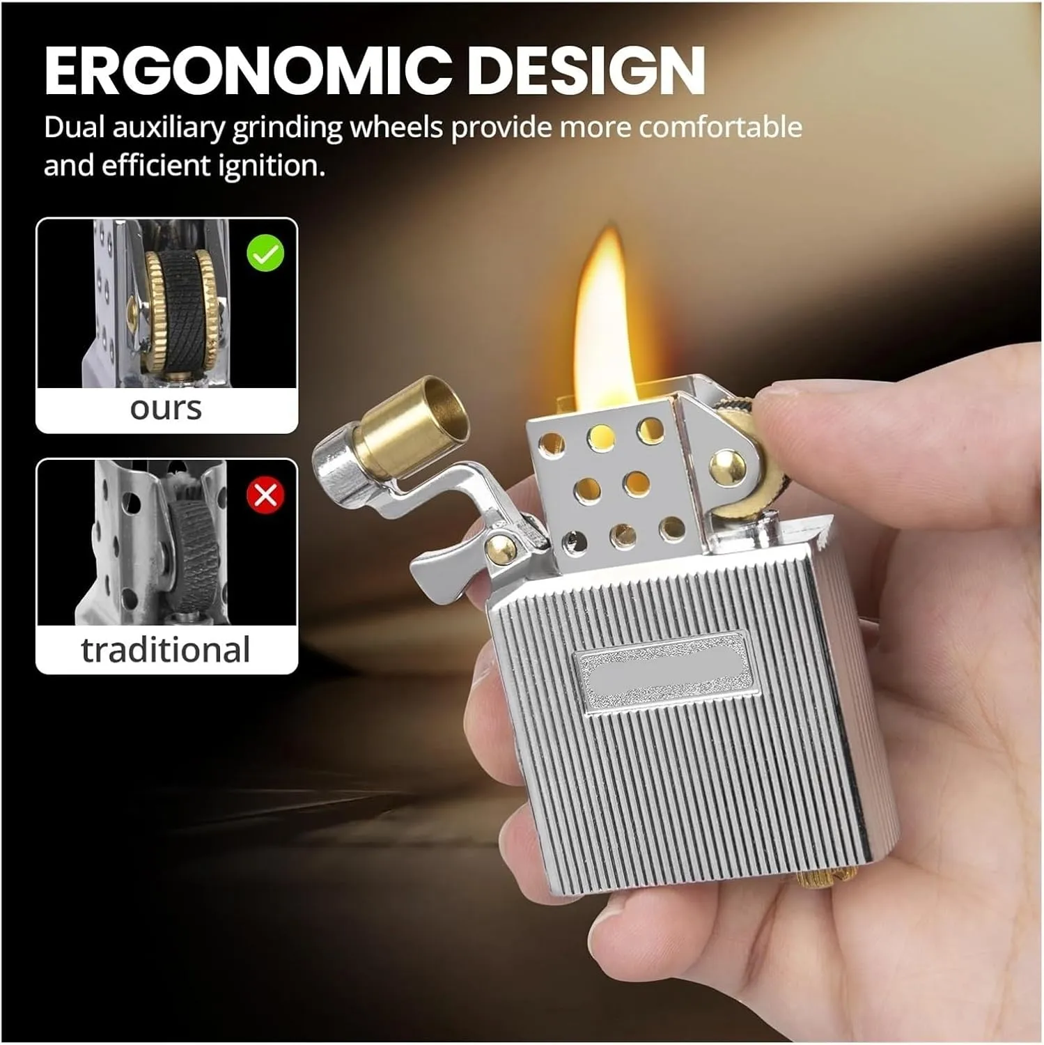 Vintage Windproof Gold Windbreaker Lighter Liner with Soft Flame, Cool Lighter Liner for Classic Flip Top Lighter, Great Gift for Friends and Family (Fuel Not Included)(Silver)