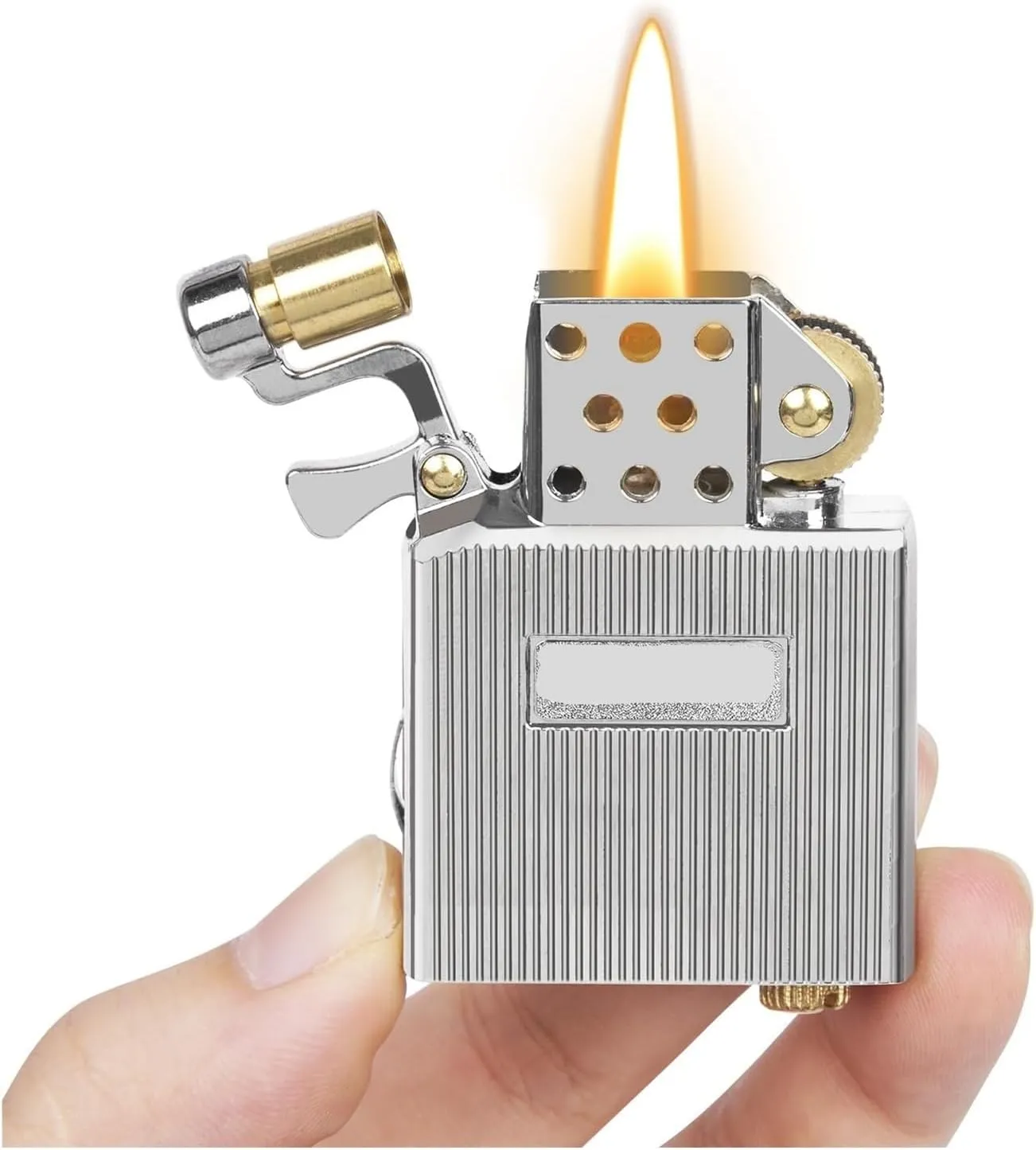 Vintage Windproof Gold Windbreaker Lighter Liner with Soft Flame, Cool Lighter Liner for Classic Flip Top Lighter, Great Gift for Friends and Family (Fuel Not Included)(Silver)