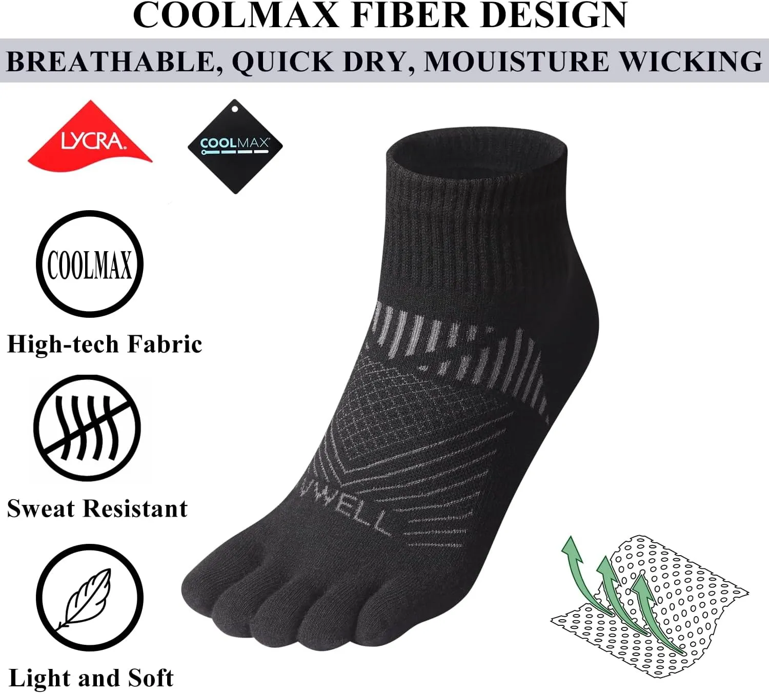 VWELL Toe Socks for Men and Women COOLMAX Five Finger Socks Athletic Running Socks Quarter Ankle Toe Socks (3Pairs)
