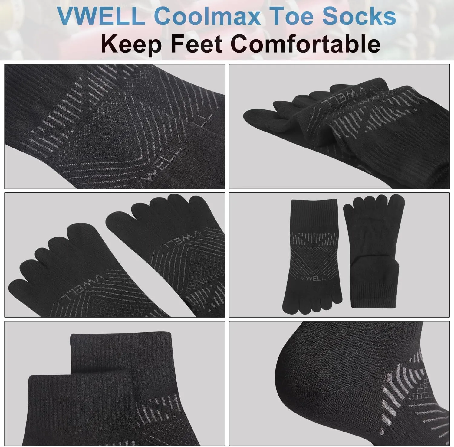 VWELL Toe Socks for Men and Women COOLMAX Five Finger Socks Athletic Running Socks Quarter Ankle Toe Socks (3Pairs)