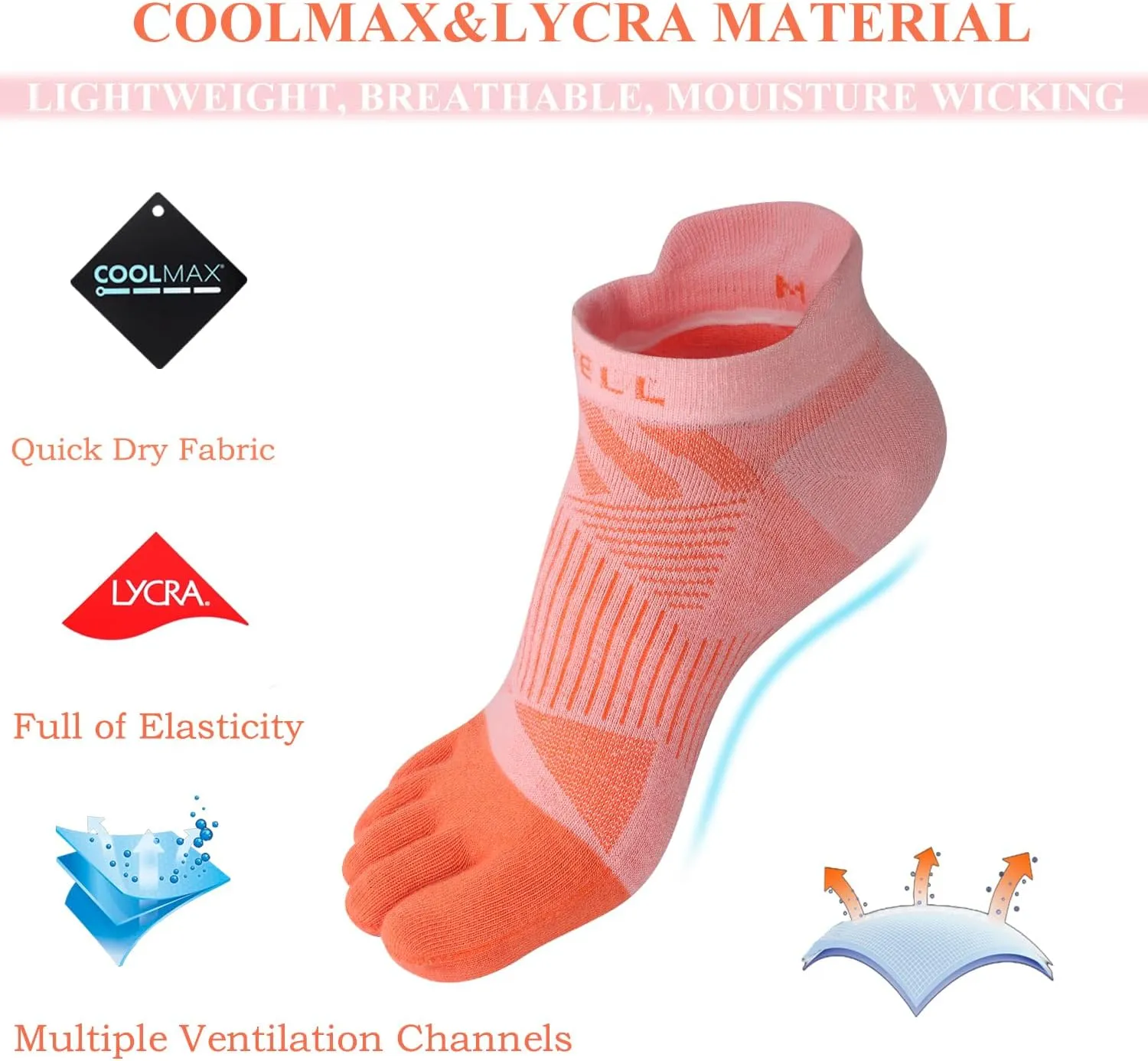 VWELL Toe Socks for Men Women COOLMAX Five Finger Socks Athletic Running Ankle Low Cut 5 Toe Socks Lightweight (3Pairs)