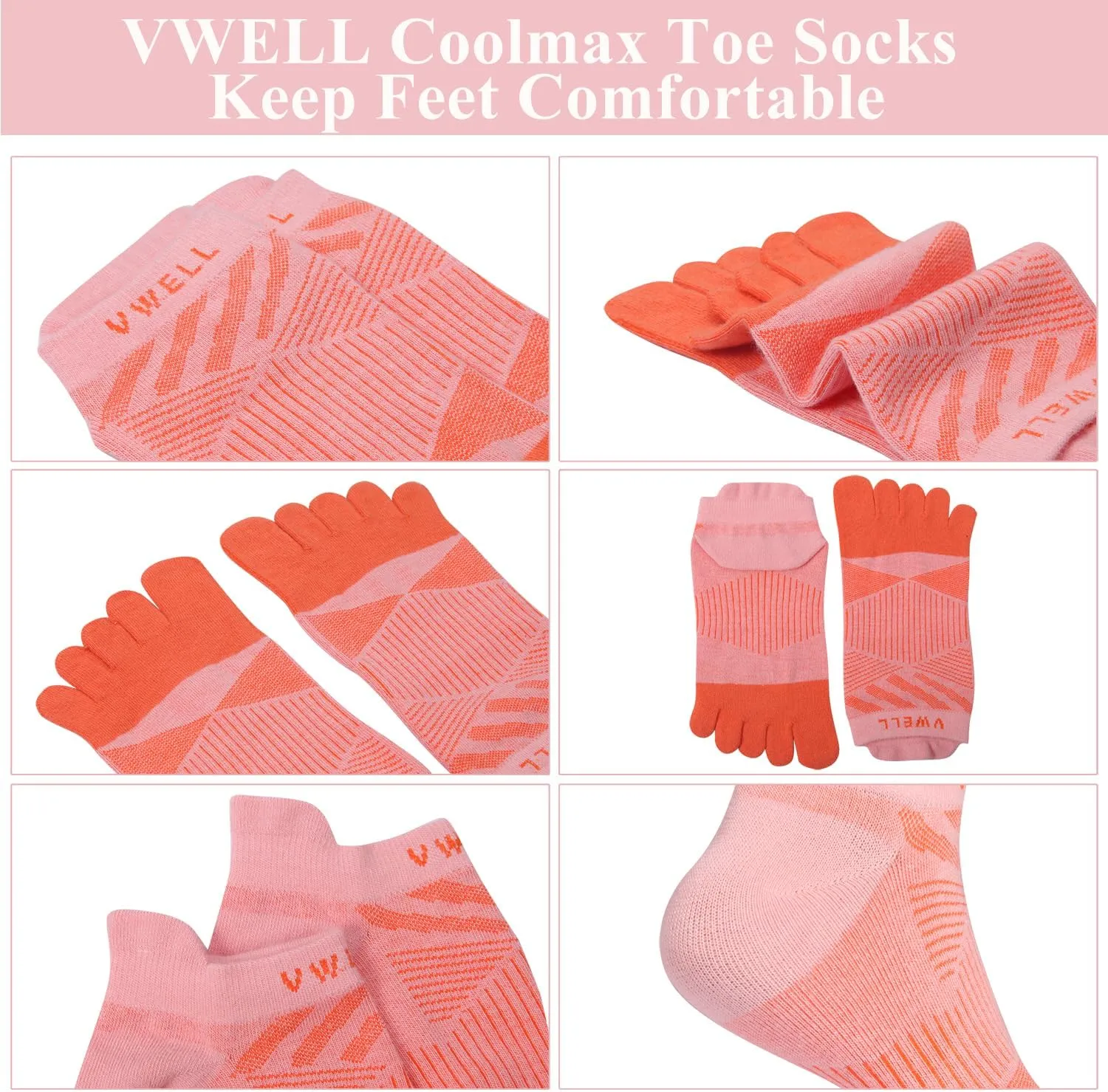 VWELL Toe Socks for Men Women COOLMAX Five Finger Socks Athletic Running Ankle Low Cut 5 Toe Socks Lightweight (3Pairs)