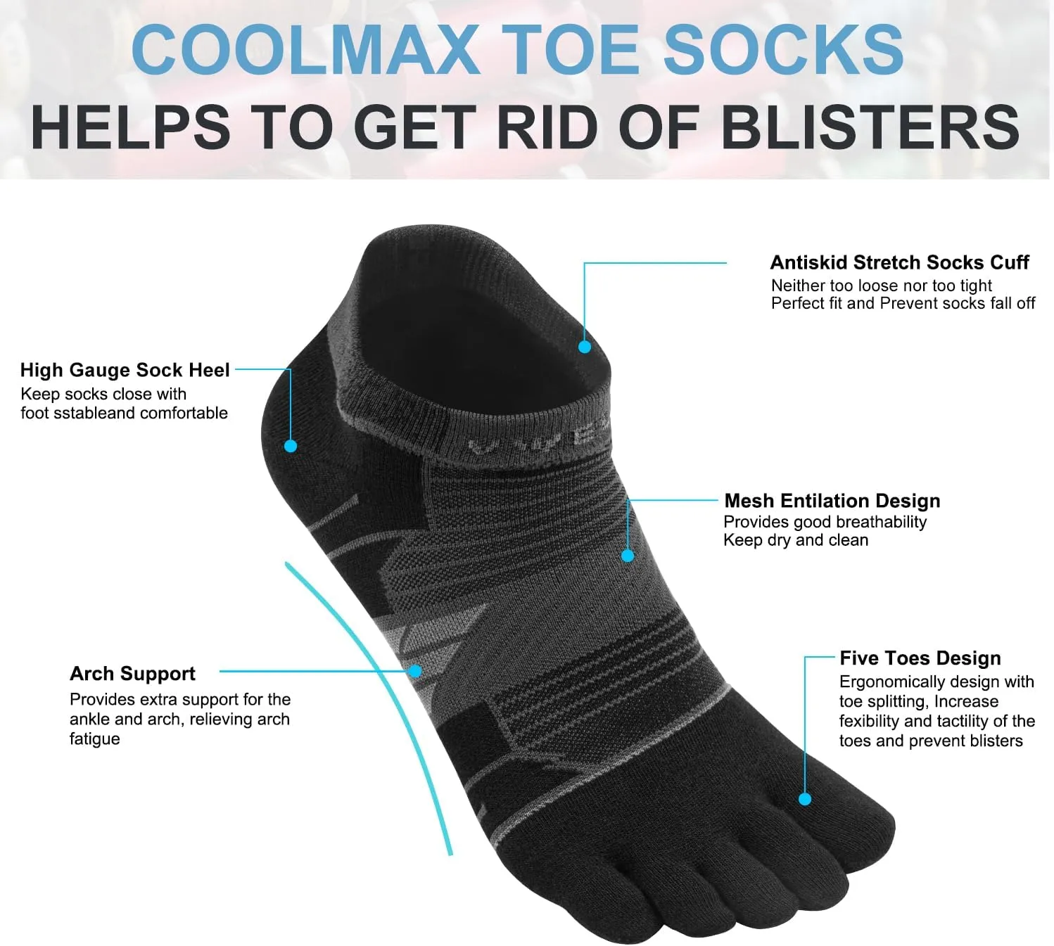 VWELL Toe Socks for Men/Women, COOLMAX Five Finger Socks, Compression Athletic Running Socks Ankle Toe Socks (3Pairs)