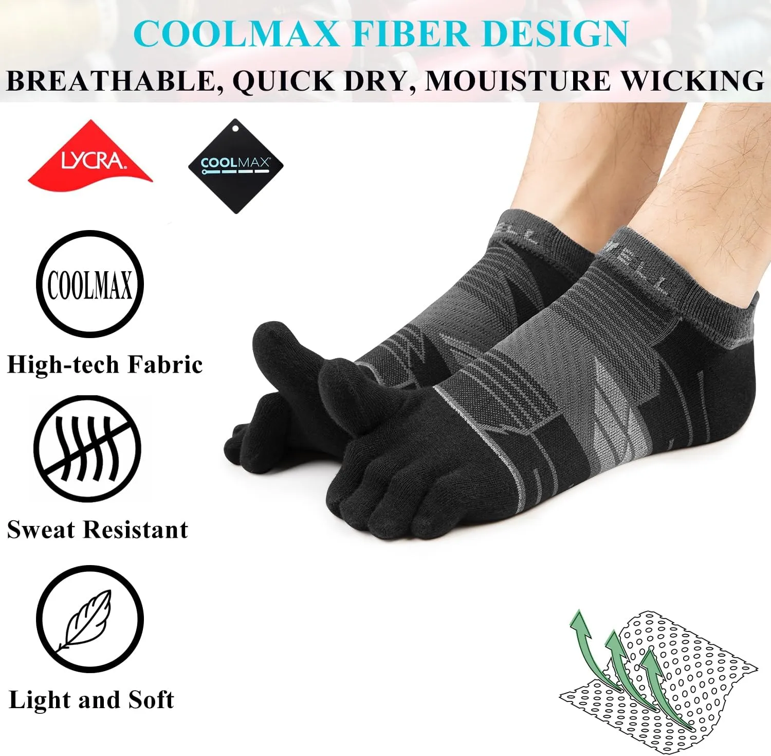 VWELL Toe Socks for Men/Women, COOLMAX Five Finger Socks, Compression Athletic Running Socks Ankle Toe Socks (3Pairs)