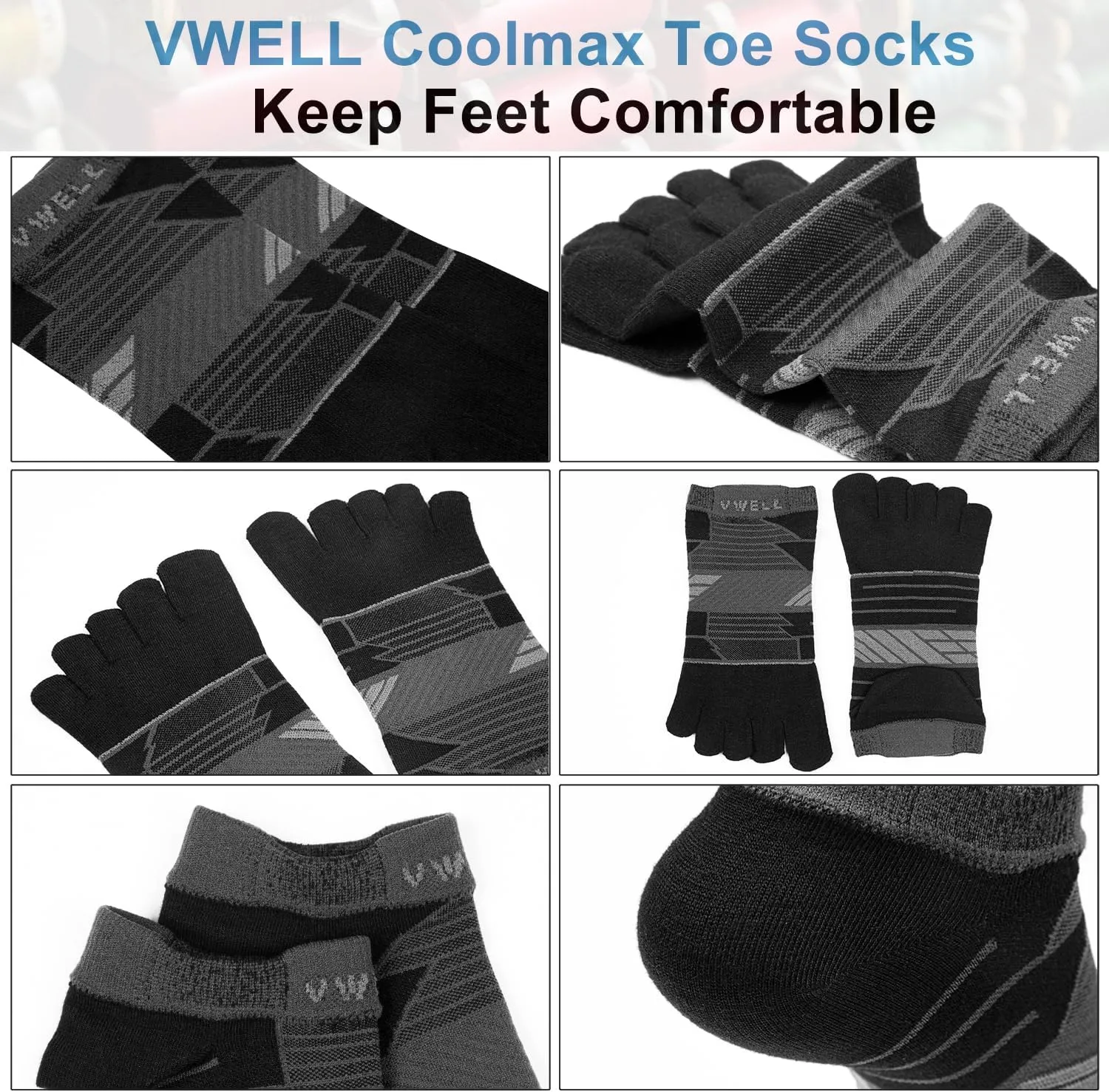VWELL Toe Socks for Men/Women, COOLMAX Five Finger Socks, Compression Athletic Running Socks Ankle Toe Socks (3Pairs)