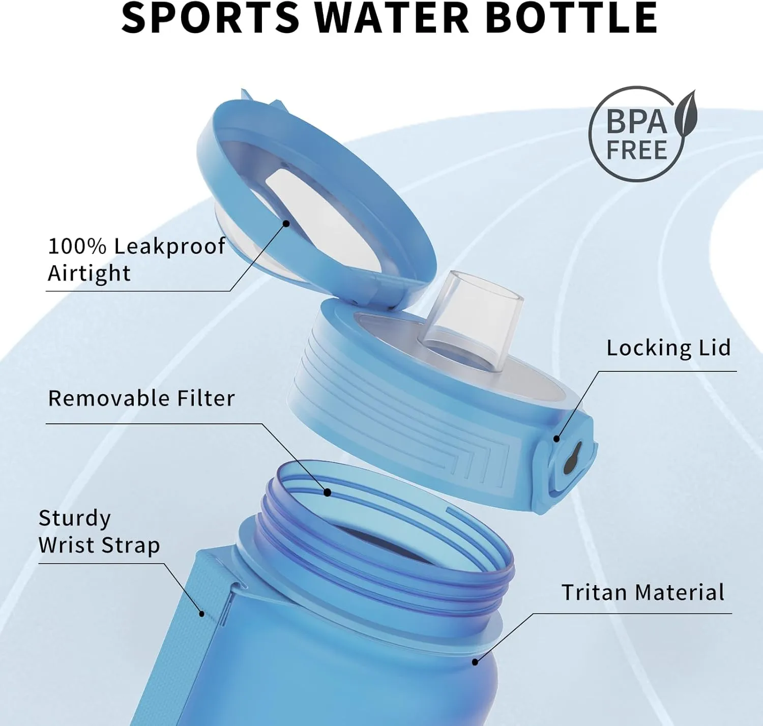 Water Bottles 1L BPA Free Sport Drinking Bottle,Leak Proof,Durable Water Bottle with Filter,Non-Toxic Canteen Bottle(Black, Pink, Grey, Light Blue, Dark Blue) (Light blue)