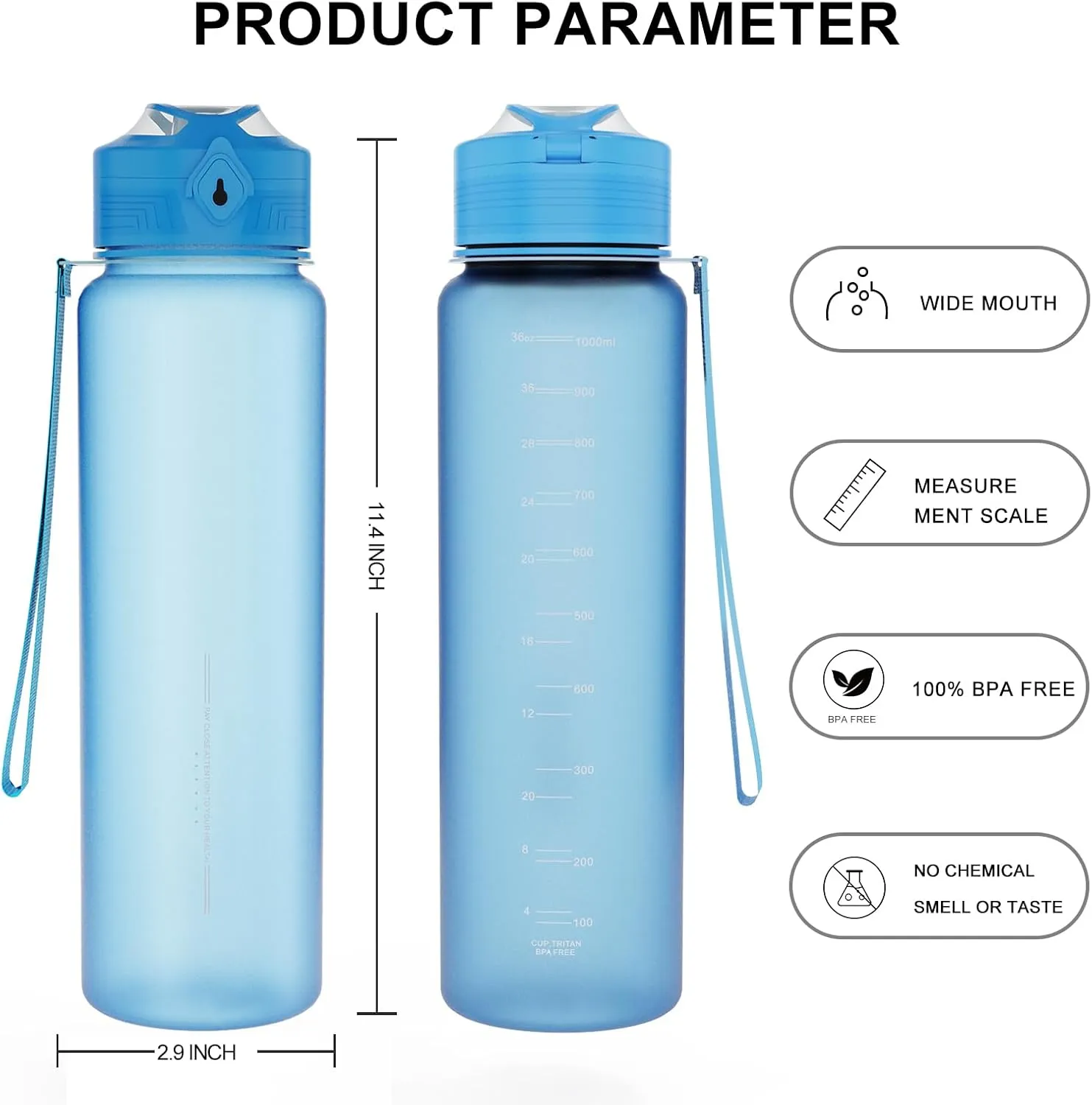 Water Bottles 1L BPA Free Sport Drinking Bottle,Leak Proof,Durable Water Bottle with Filter,Non-Toxic Canteen Bottle(Black, Pink, Grey, Light Blue, Dark Blue) (Light blue)