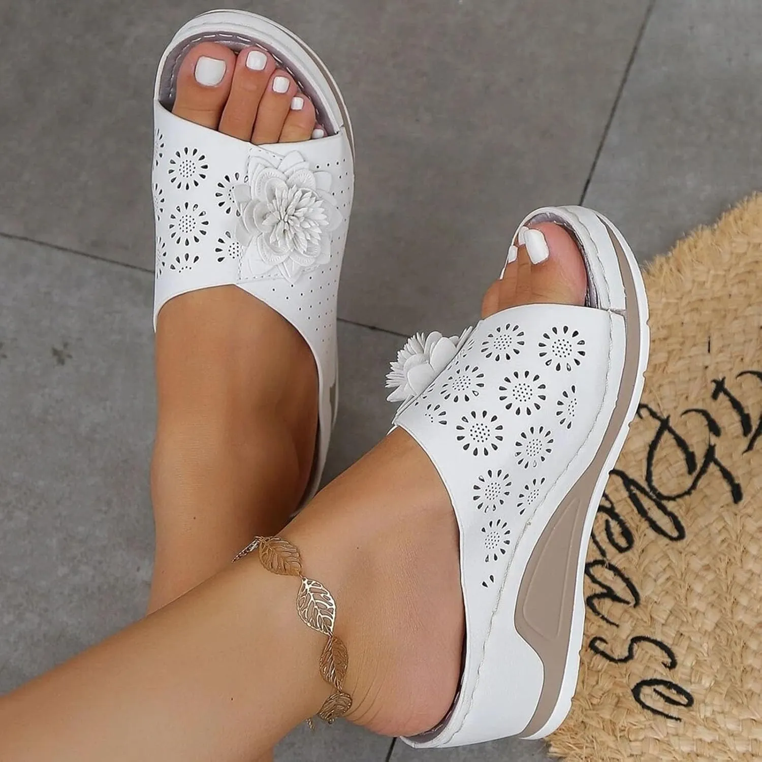 Wedge Sandals for Women Dressy Orthopedic Arch Support Sandals Hollow Out Slip On Platform Slippers Bohemia Comfortable Summer Sandalias Open Toe Beach Sandal Casual Walking Shoes