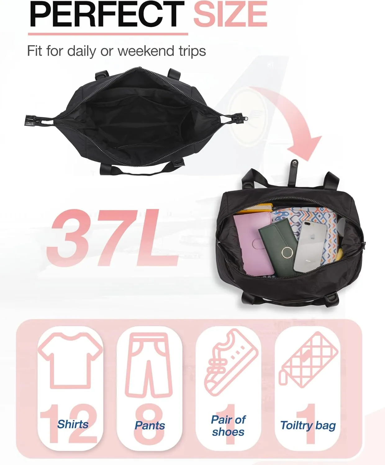 Weekender Bags for Women, BAGSMART Travel Duffel Bags with Shoe Compartment,Personal Item Travel Bag for Airlines, Carry on Overnight Tote Bag with Toiletry Bag(Black,2pcs)
