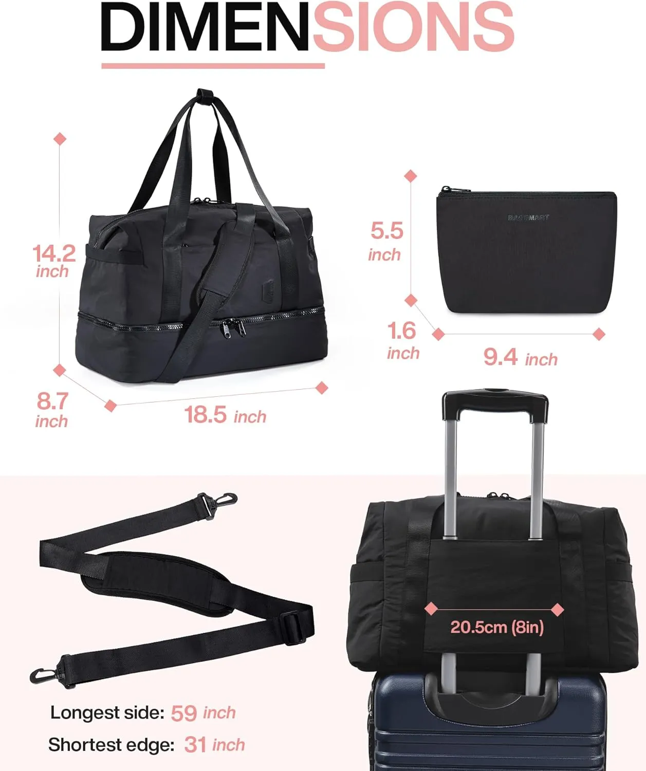 Weekender Bags for Women, BAGSMART Travel Duffel Bags with Shoe Compartment,Personal Item Travel Bag for Airlines, Carry on Overnight Tote Bag with Toiletry Bag(Black,2pcs)