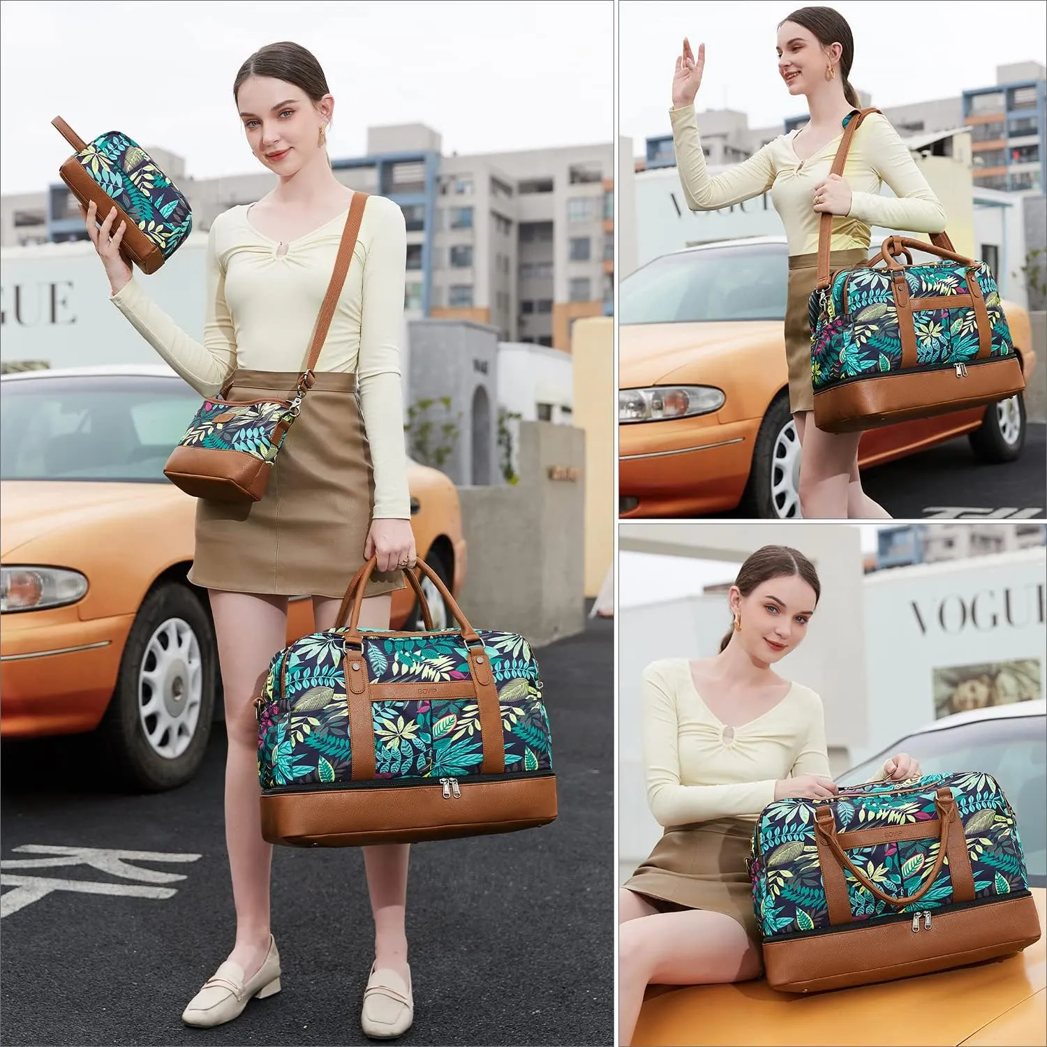 Weekender Bags for Women Overnight Bag Large Canvas Travel Duffel Bag with Shoe Compartment Carry On Tote Bag 3Pcs Set