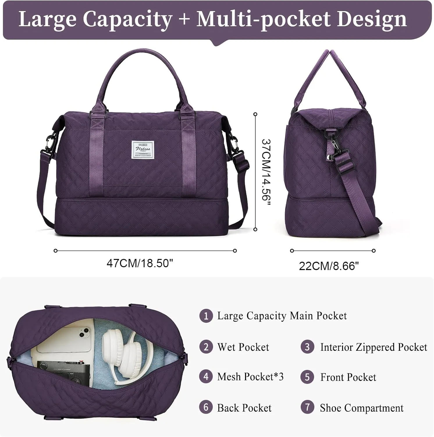 Weekender Bags for Women,Travel Duffel Bag with Shoes Compartment,Overnight Carry on Personal Item Bag with Toiletry Bag