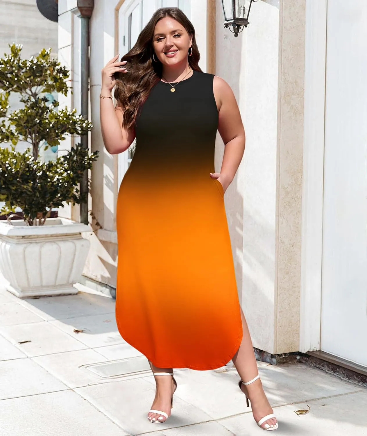 Wolddress Womens 2025 Plus Size Sleeveless Tank Dress Casual Loose Sundress Split Summer Beach Long Maxi Dresses with Pockets