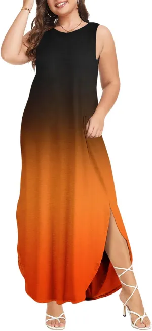 Wolddress Womens 2025 Plus Size Sleeveless Tank Dress Casual Loose Sundress Split Summer Beach Long Maxi Dresses with Pockets