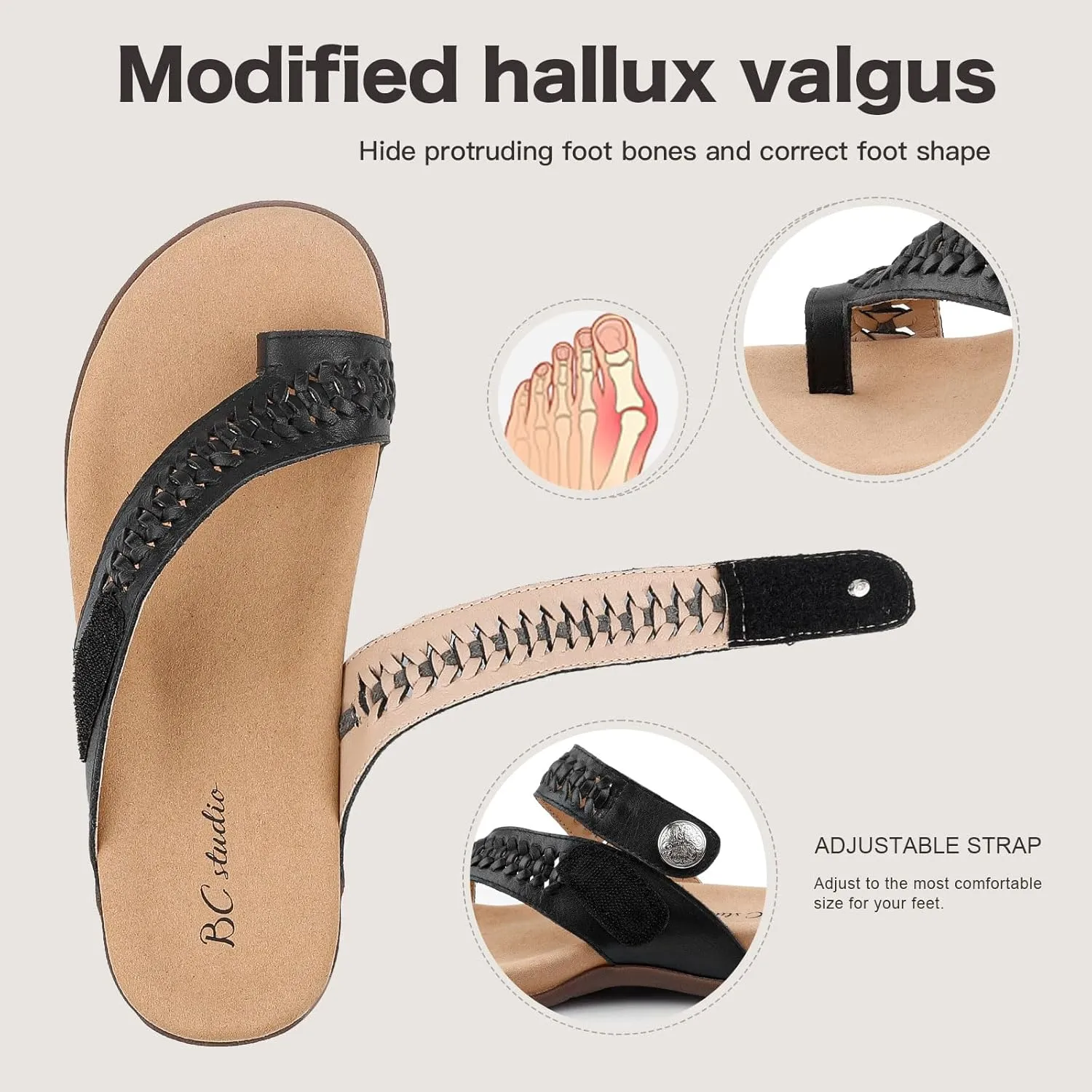 Women Comfort Adjustable Leather Flip Flop Sandals with Arch Support