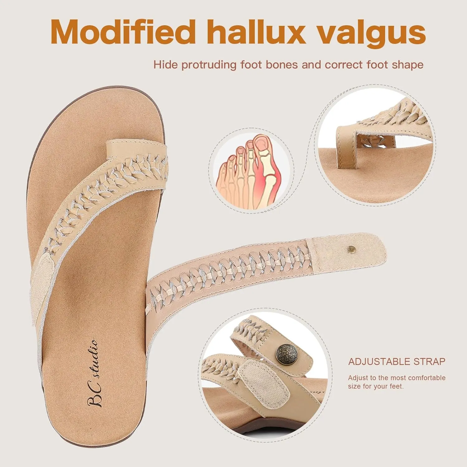 Women Comfort Adjustable Leather Flip Flop Sandals with Arch Support